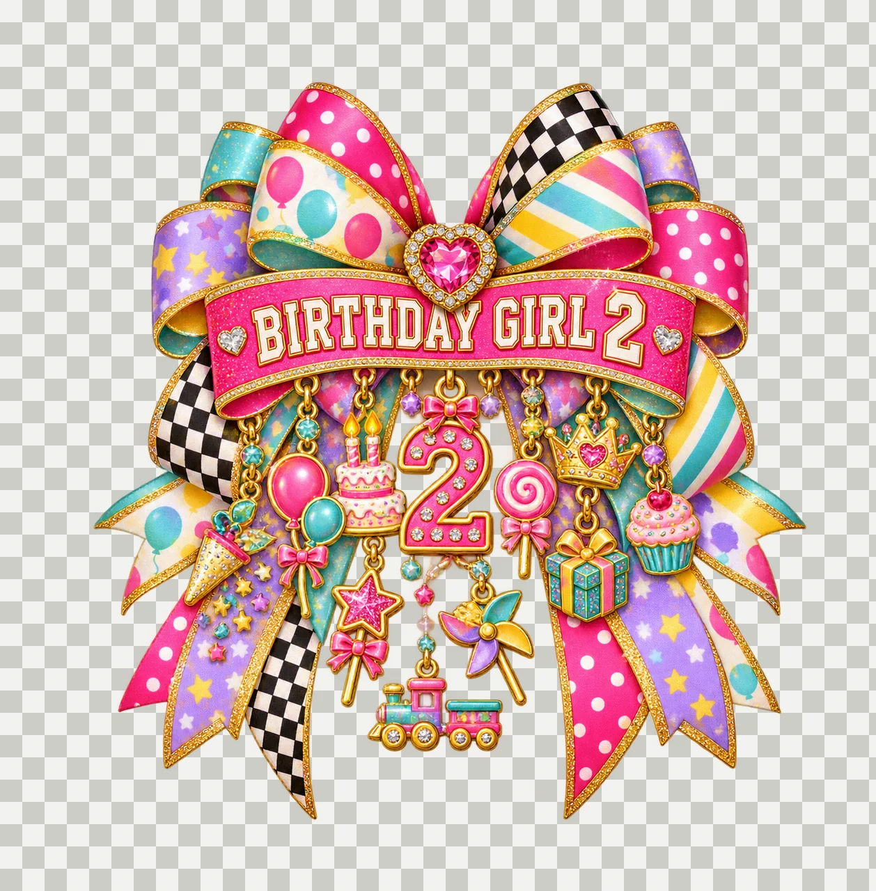 Birthday Girl 2 Bow Charm PNG, Patterned Coquette Bow Clipart, Transparent Sublimation Digital Download transparency and detail preview thumbnail