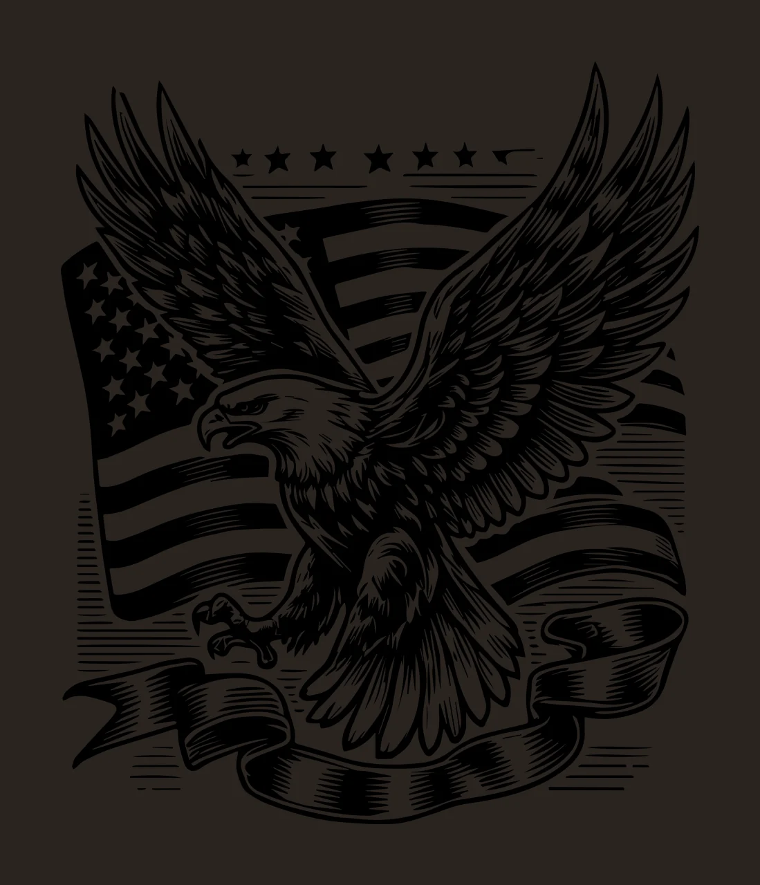 Eagle Flag Flying Over With Ribbon stars engraving black white contrast preview thumbnail