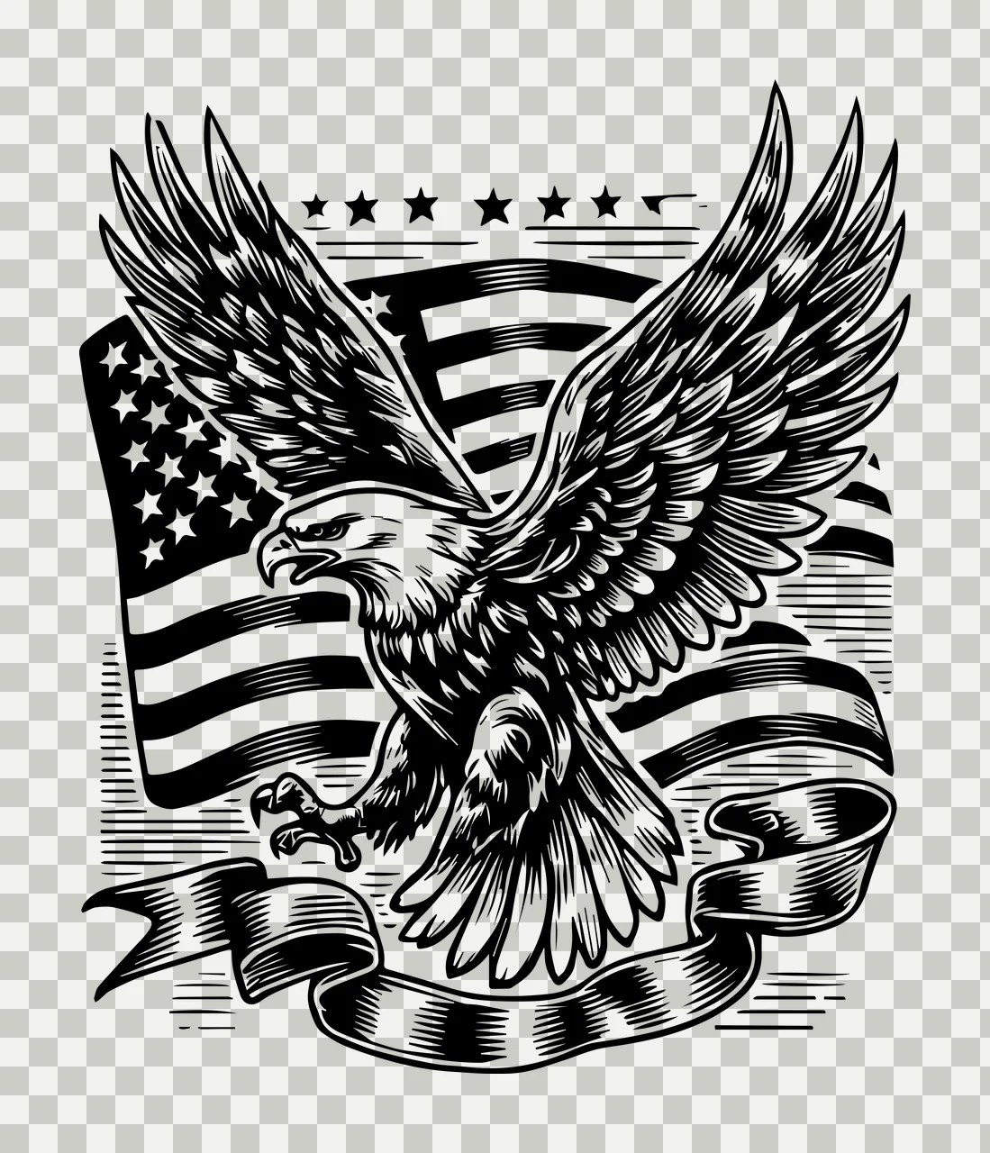 Eagle Flag Flying Over With Ribbon stars engraving black white transparency and detail preview thumbnail