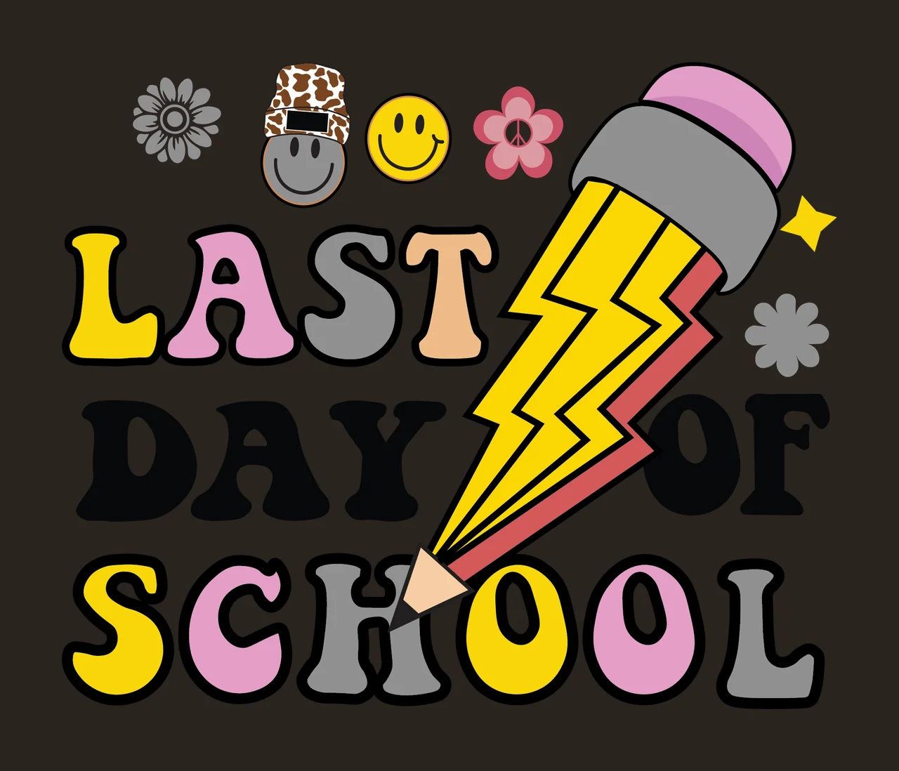 Last Day Of School Pencil Bolt pointing flower lightning silhouette contrast preview thumbnail