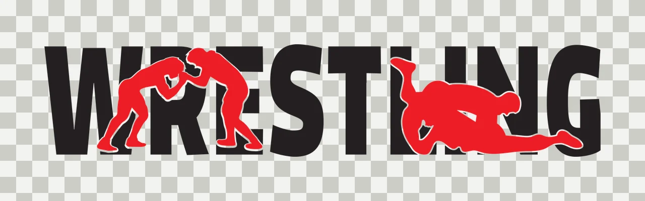 WRESTLING Typography Design with bold text WRESTLING, standing wrestlers silhouette, mat wrestlers silhouette and white outline in black and red transparency and detail preview thumbnail