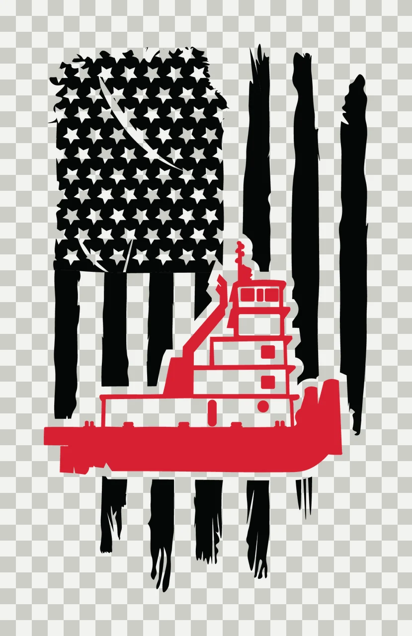 Boat Tugboat Silhouette Over American Flag distressed graphic transparency and detail preview thumbnail