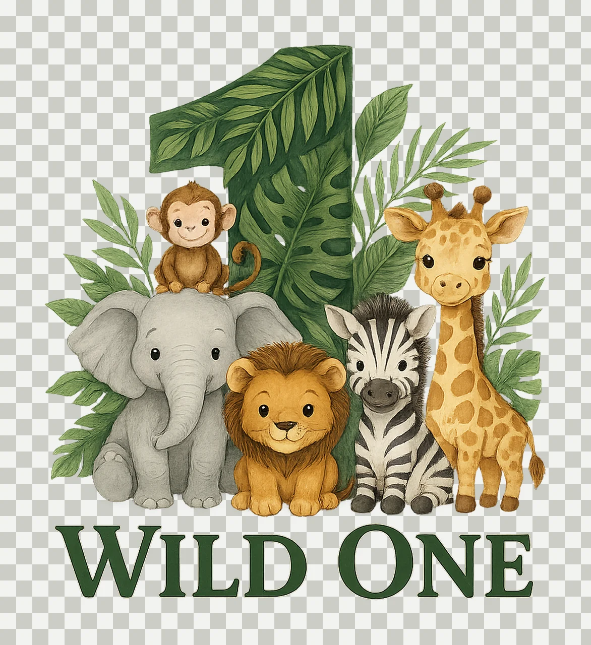 Wild One Jungle Animals 1st Birthday Watercolor Safari transparency and detail preview thumbnail