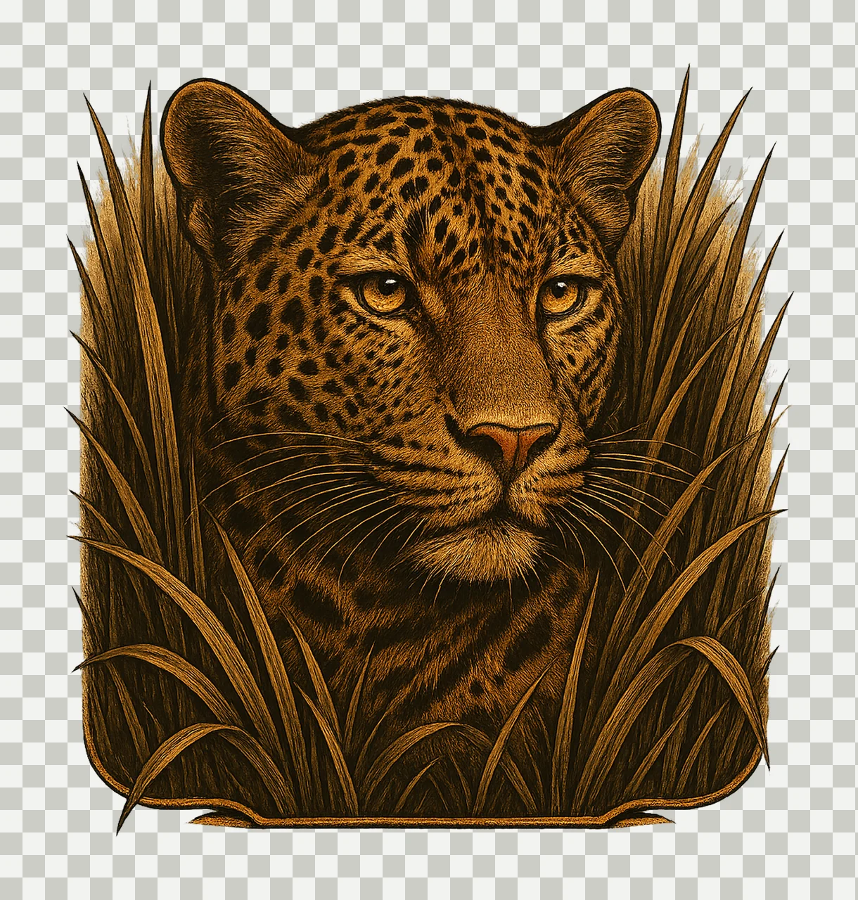 Leopard Engraving Wildlife Predator Hidden in Grass Jungle transparency and detail preview thumbnail