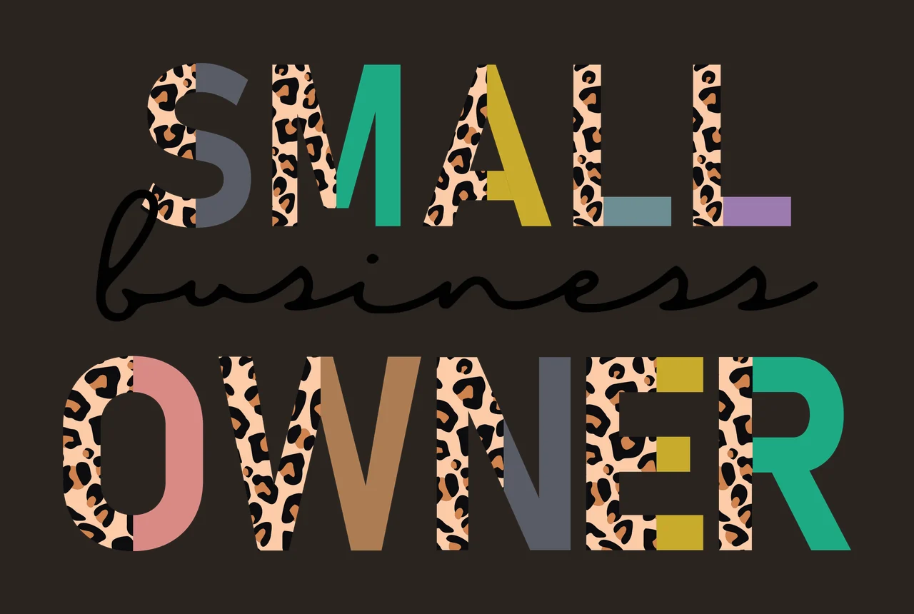 SMALL business OWNER Typography Design with leopard print, block letters, script font and multi-colored text in grey, teal and gold contrast preview thumbnail