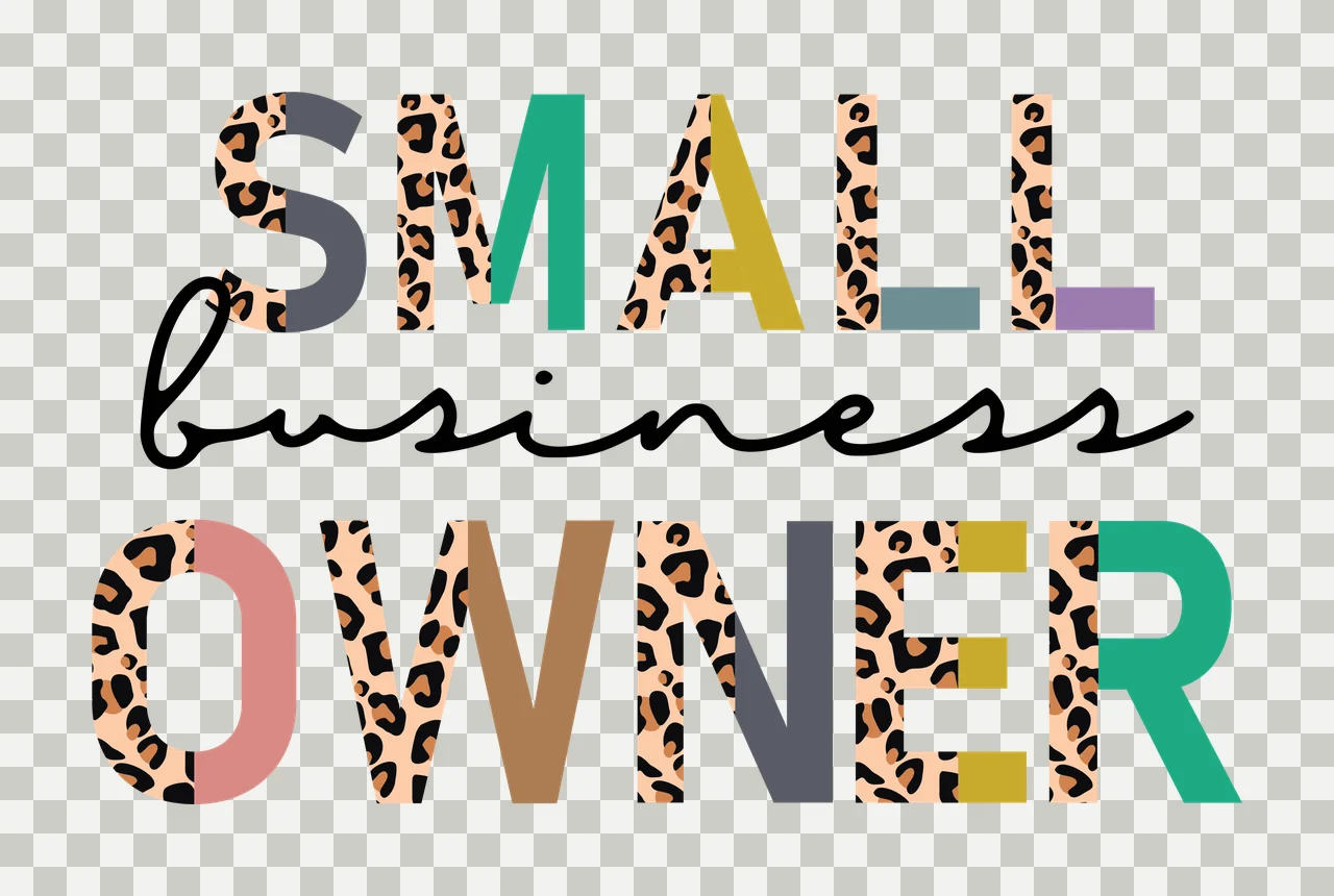 SMALL business OWNER Typography Design with leopard print, block letters, script font and multi-colored text in grey, teal and gold transparency and detail preview thumbnail