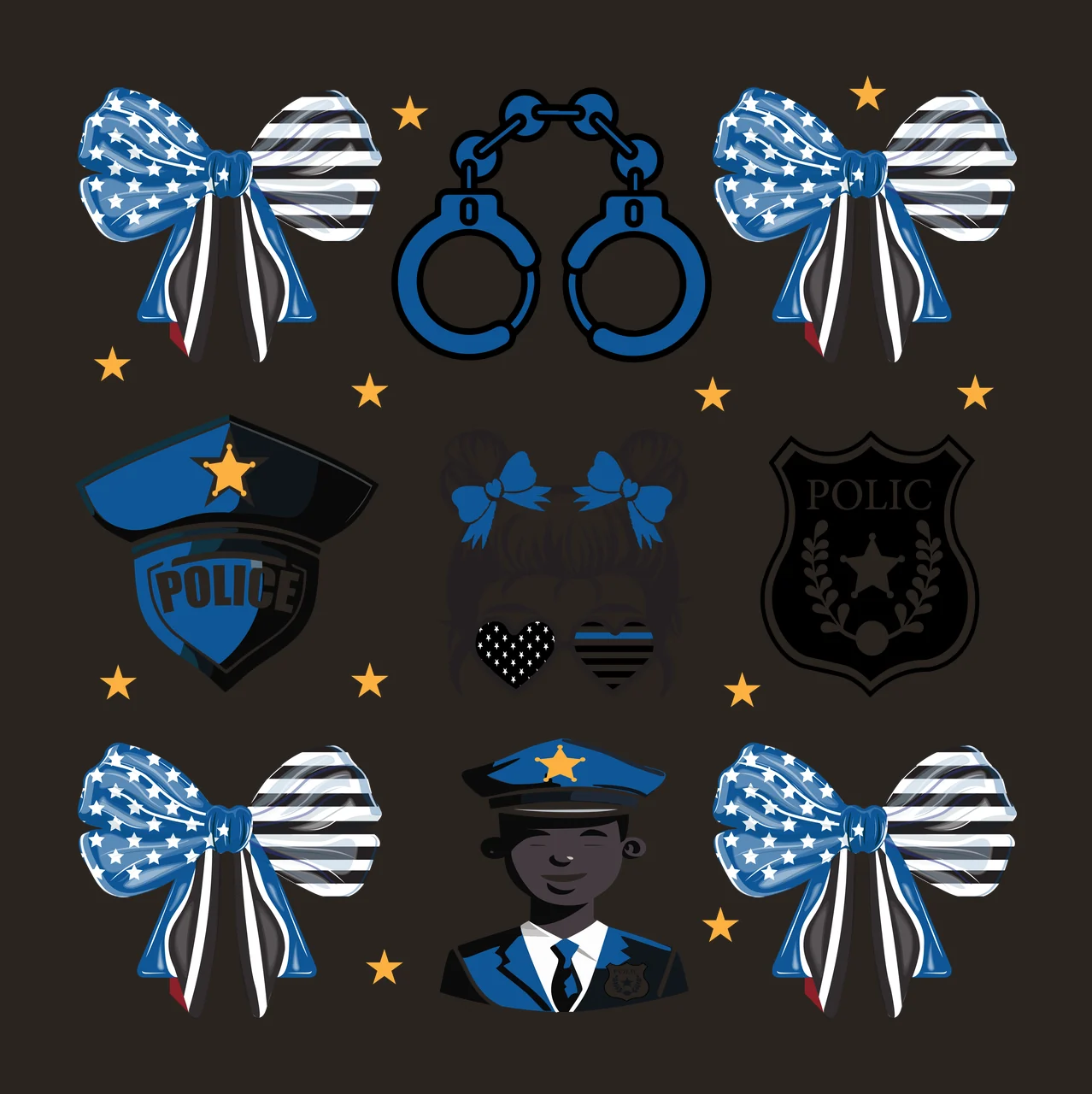 Police Grid Of Black Silhouettes Including Handcuffs Badge themed contrast preview thumbnail