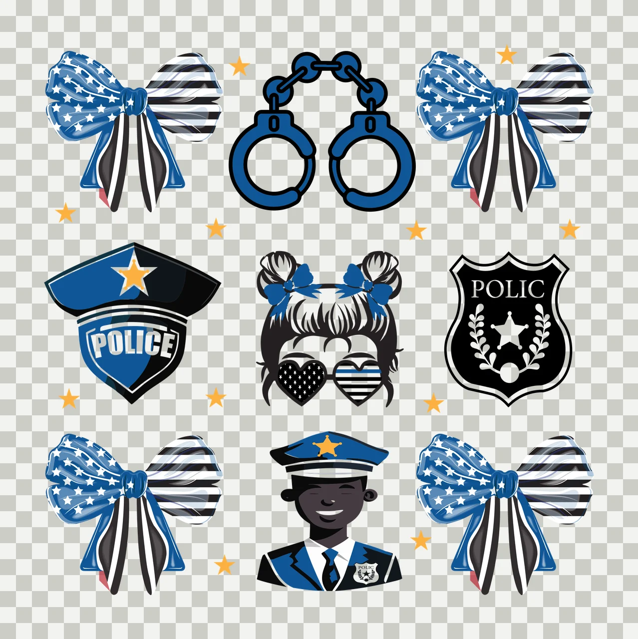Police Grid Of Black Silhouettes Including Handcuffs Badge themed transparency and detail preview thumbnail