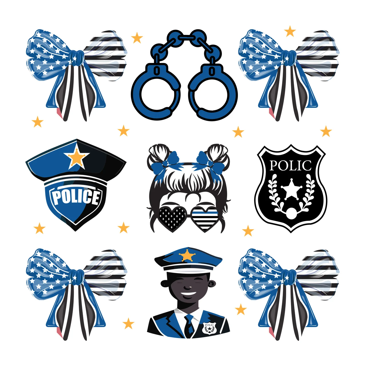Police Grid Of Black Silhouettes Including Handcuffs Badge themed