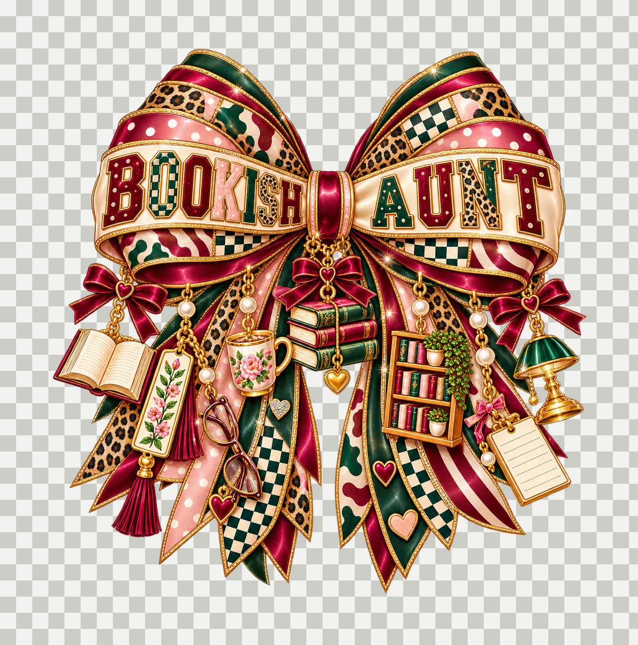 Bookish Aunt Bow Charm PNG, Patterned Varsity Aunt Ribbon Clipart, Transparent Sublimation Digital Download transparency and detail preview thumbnail