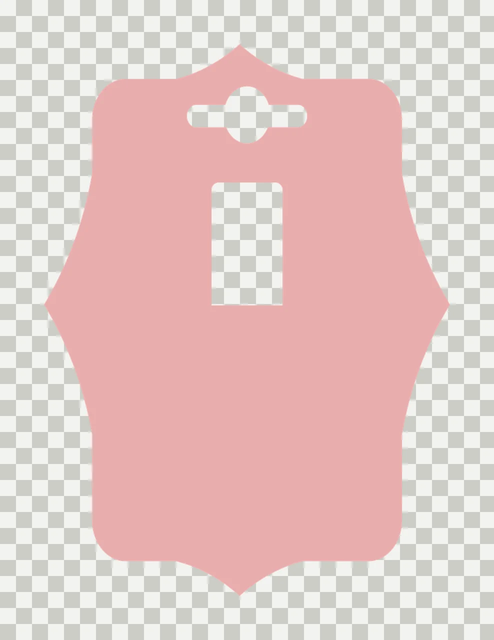 Display card Illustration with hanging cutout, rectangular opening, ornate border and blank card in pink and white transparency and detail preview thumbnail