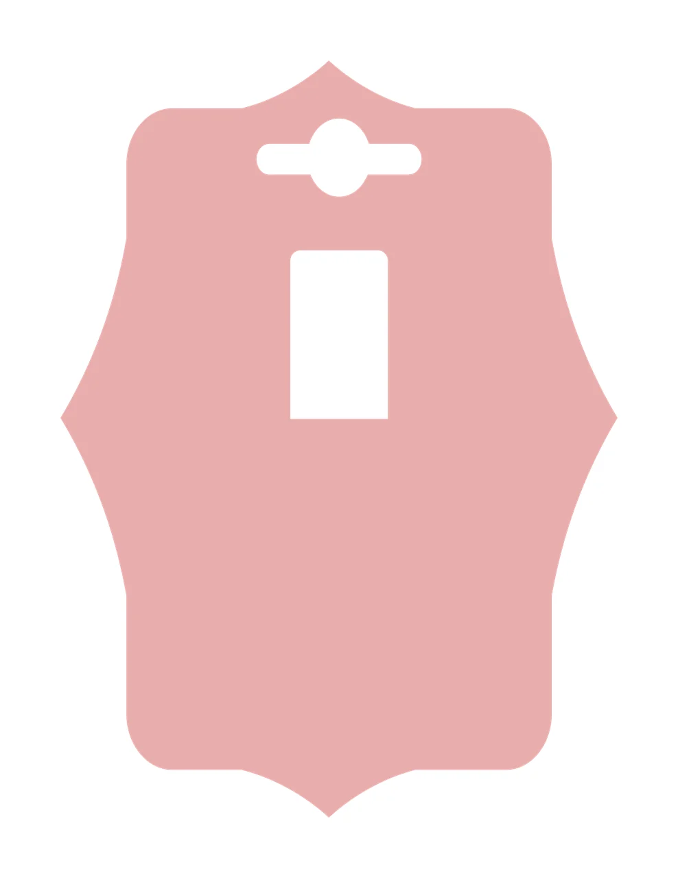 Display card Illustration with hanging cutout, rectangular opening, ornate border and blank card in pink and white