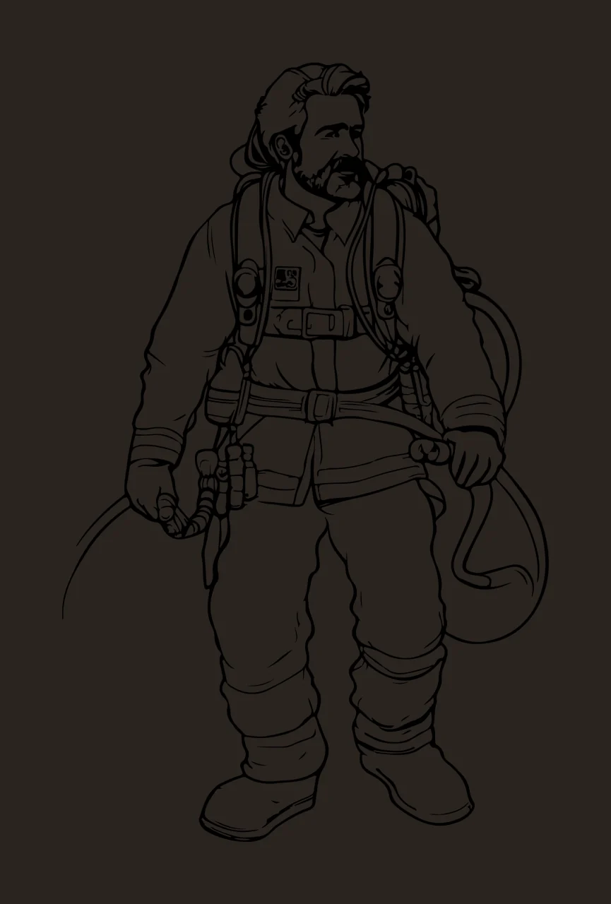 Firefighter In Protective Gear Standing hoses mask line art contrast preview thumbnail
