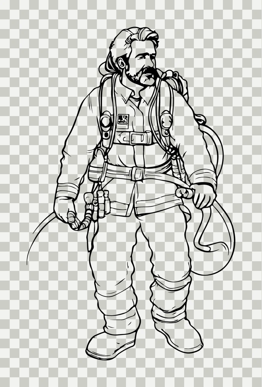 Firefighter In Protective Gear Standing hoses mask line art transparency and detail preview thumbnail