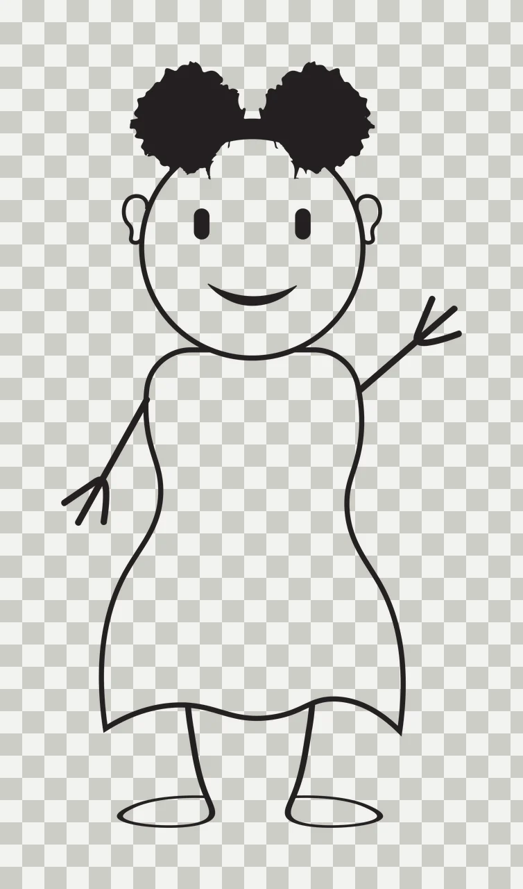 Line Art Illustration of stick figure person with hair buns, dress, smiling face and waving hand in black and white transparency and detail preview thumbnail