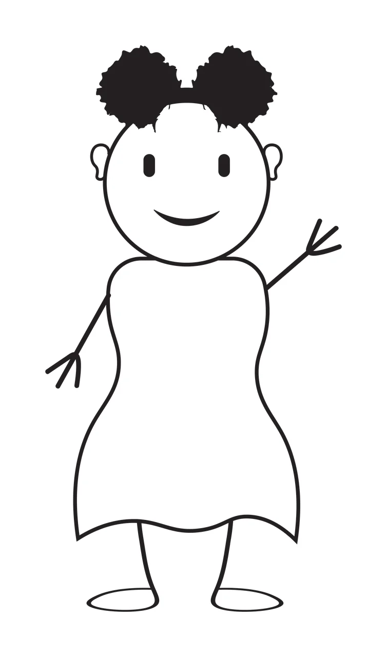 Line Art Illustration of stick figure person with hair buns, dress, smiling face and waving hand in black and white