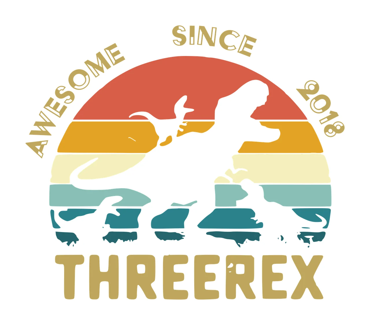 AWESOME SINCE 2018 THREEREX dinosaur family silhouettes and retro sunset Design with small dinosaur silhouettes, striped sunset, mountain range and curved text in orange, yellow and teal