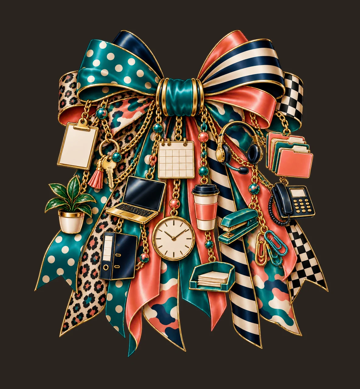 Office Manager Bow Charm PNG, Laptop Calendar Clipboard and Key Charms, Administrative Professional Sublimation Design contrast preview thumbnail