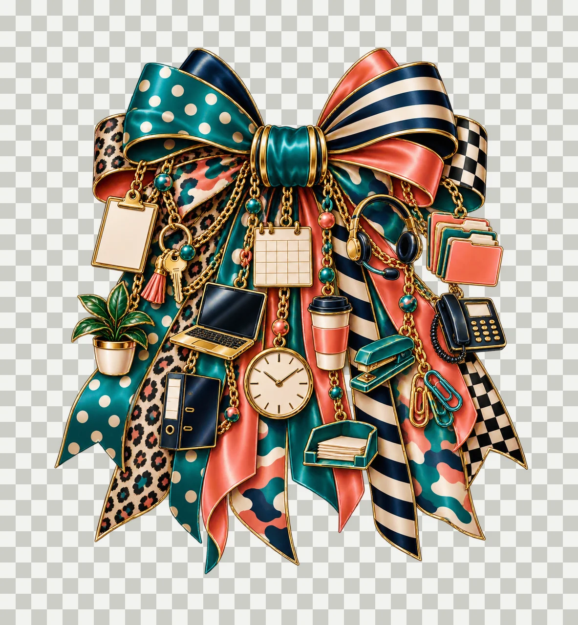 Office Manager Bow Charm PNG, Laptop Calendar Clipboard and Key Charms, Administrative Professional Sublimation Design transparency and detail preview thumbnail
