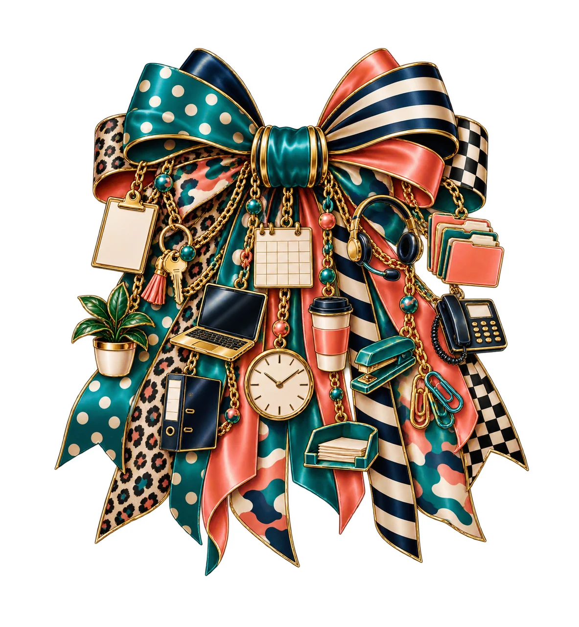 Office Manager Bow Charm PNG, Laptop Calendar Clipboard and Key Charms, Administrative Professional Sublimation Design