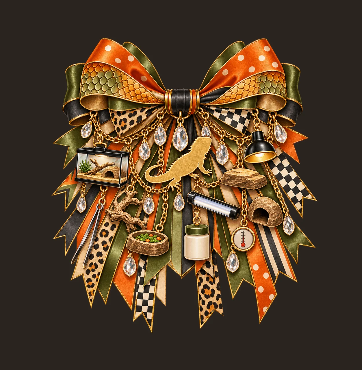 Bearded Dragon Lover Bow Charm PNG, Gold Chain Charms, Transparent Sublimation Design, Digital Download contrast preview thumbnail