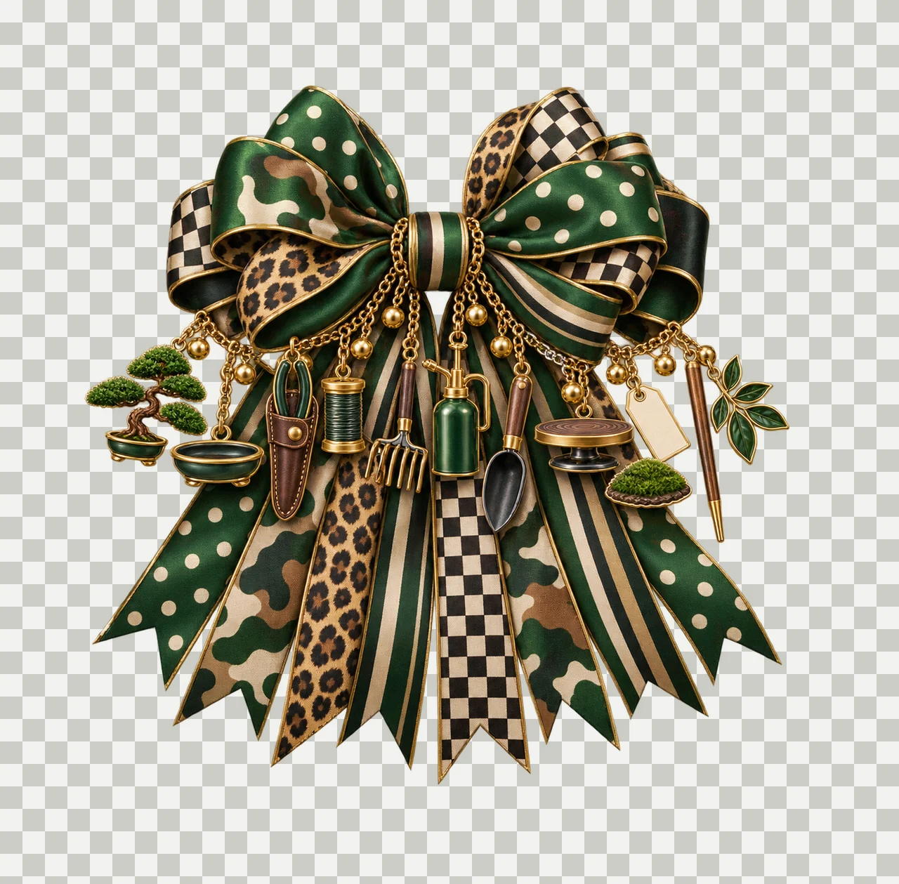 Bonsai Artist Bow Charm PNG, Gold Chain Charms, Transparent Sublimation Design, Digital Download transparency and detail preview thumbnail