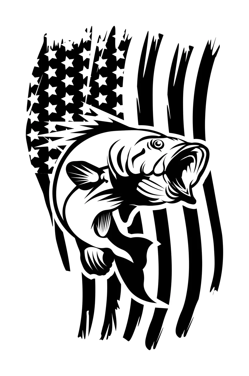 Fishing Bass Fish Jumping Over Flag stripes stars silhouette graphic