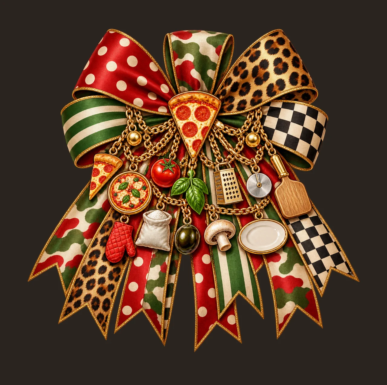 Pizza Lover Bow Charm PNG, Themed Gold Chain Charms, Coquette Ribbon Sublimation Design, Transparent Digital Download contrast preview thumbnail