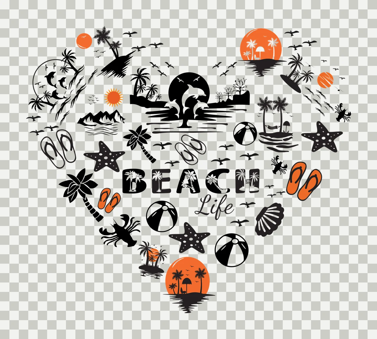 BEACH Life tropical beach heart collage Design with palm trees, dolphins, starfish and flip-flops in black, orange and white transparency and detail preview thumbnail