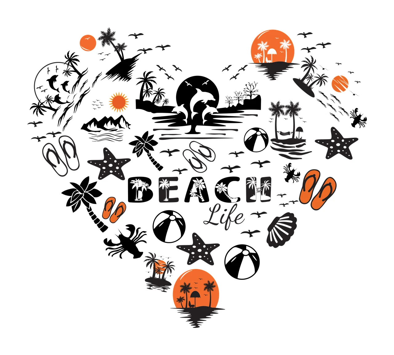 BEACH Life tropical beach heart collage Design with palm trees, dolphins, starfish and flip-flops in black, orange and white