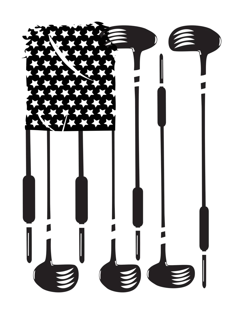 Golf Club Flag Graphic Silhouette with Clubs Arranged as Stripes and Stars Black and White Sports Equipment Design
