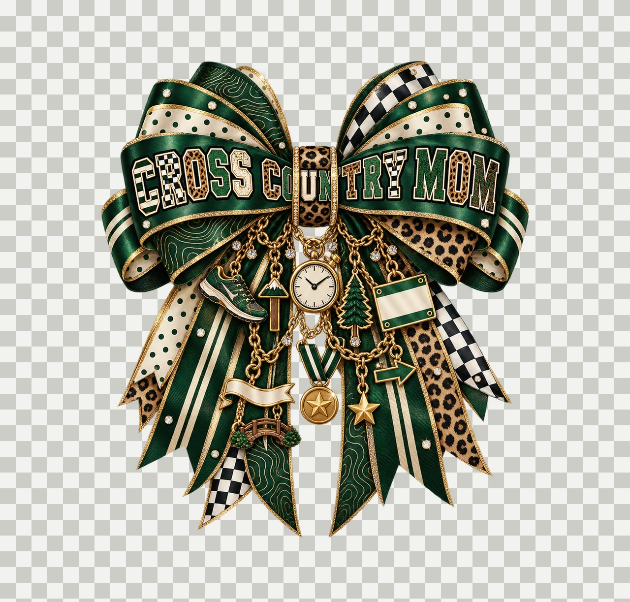 Cross Country Mom Bow Charm PNG, Patterned Varsity Mom Ribbon Clipart, Transparent Sublimation Digital Download transparency and detail preview thumbnail