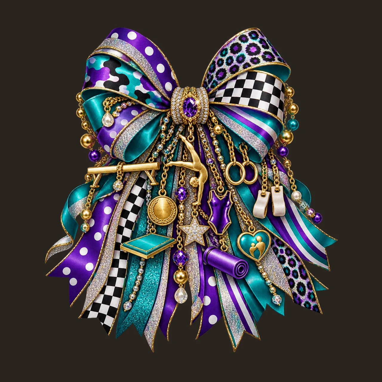 Gymnastics Mom Bow Charm PNG, Themed Gold Chain Charms, Coquette Ribbon Sublimation Design, Transparent Digital Download contrast preview thumbnail