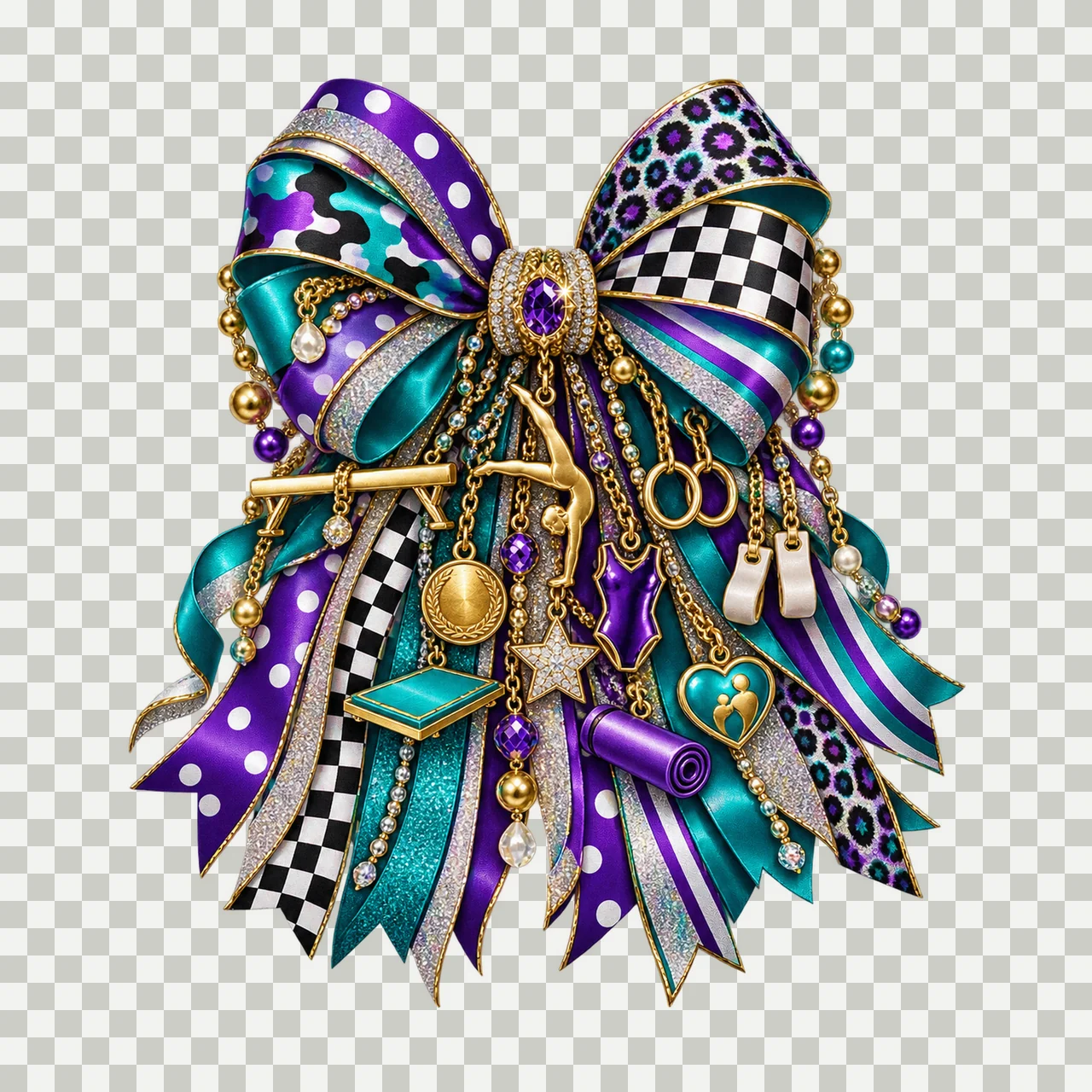 Gymnastics Mom Bow Charm PNG, Themed Gold Chain Charms, Coquette Ribbon Sublimation Design, Transparent Digital Download transparency and detail preview thumbnail
