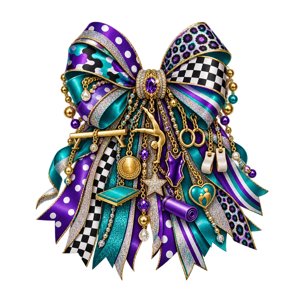 Gymnastics Mom Bow Charm PNG, Themed Gold Chain Charms, Coquette Ribbon Sublimation Design, Transparent Digital Download