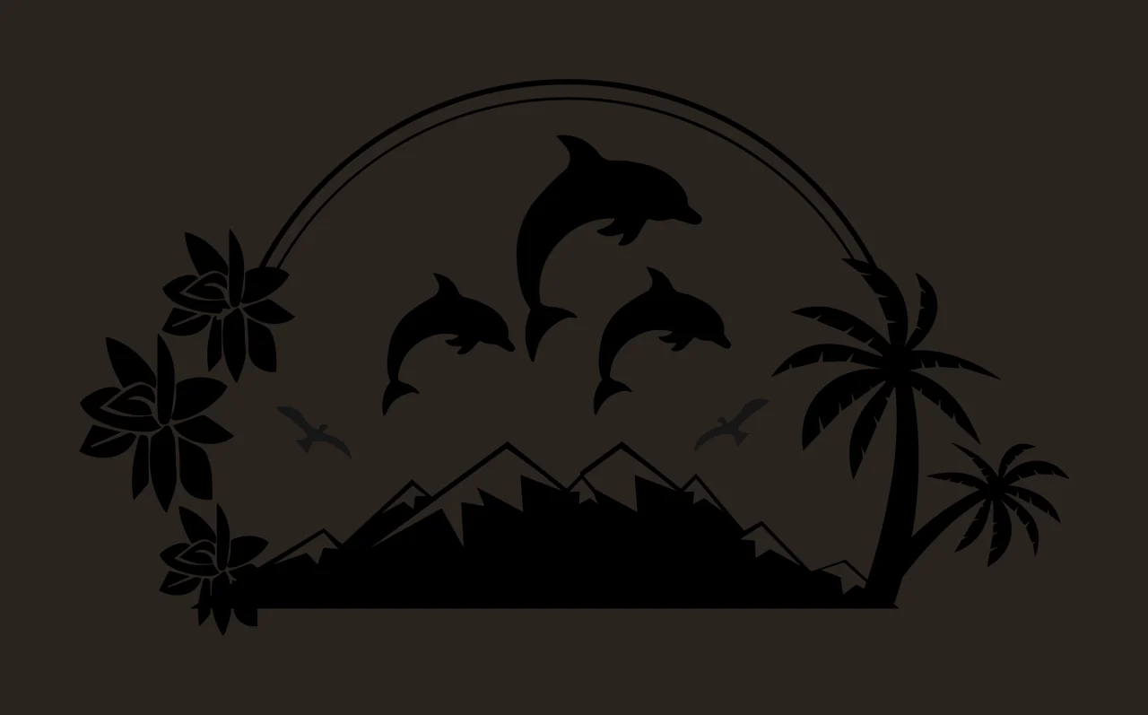 Palm Tree Black Silhouette Dolphins Leaping Near Mountains trees contrast preview thumbnail