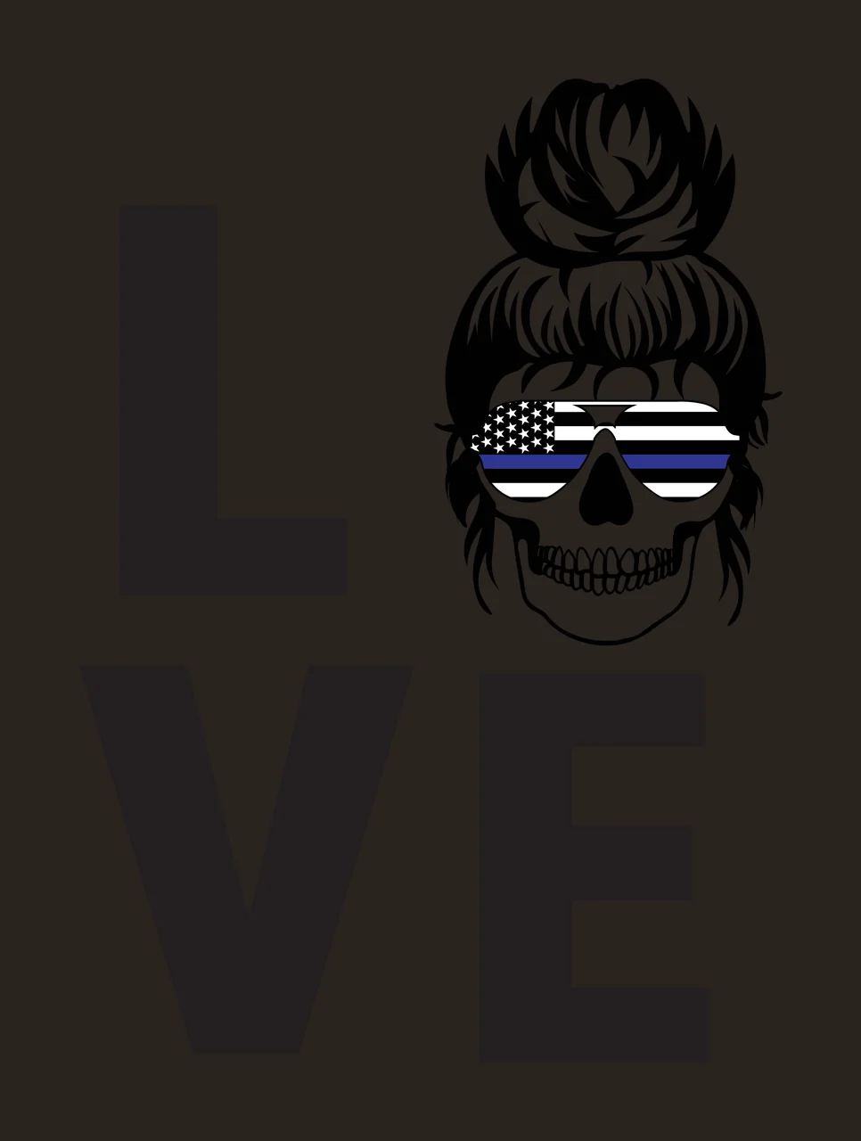 LOVE Skull Design with large letters L V E, messy bun and sunglasses with American flag and blue line in black and white contrast preview thumbnail