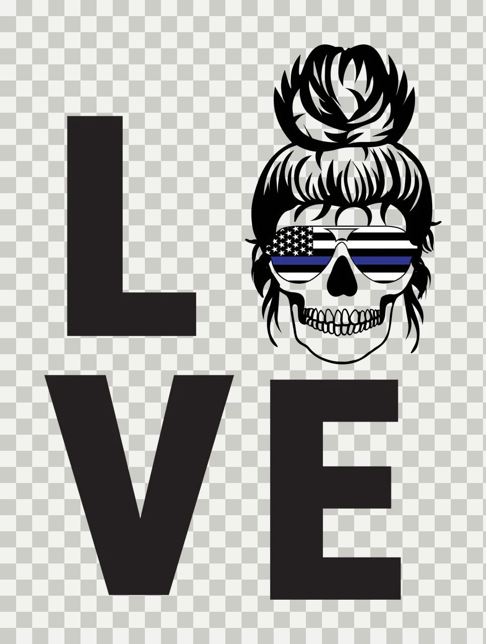 LOVE Skull Design with large letters L V E, messy bun and sunglasses with American flag and blue line in black and white transparency and detail preview thumbnail