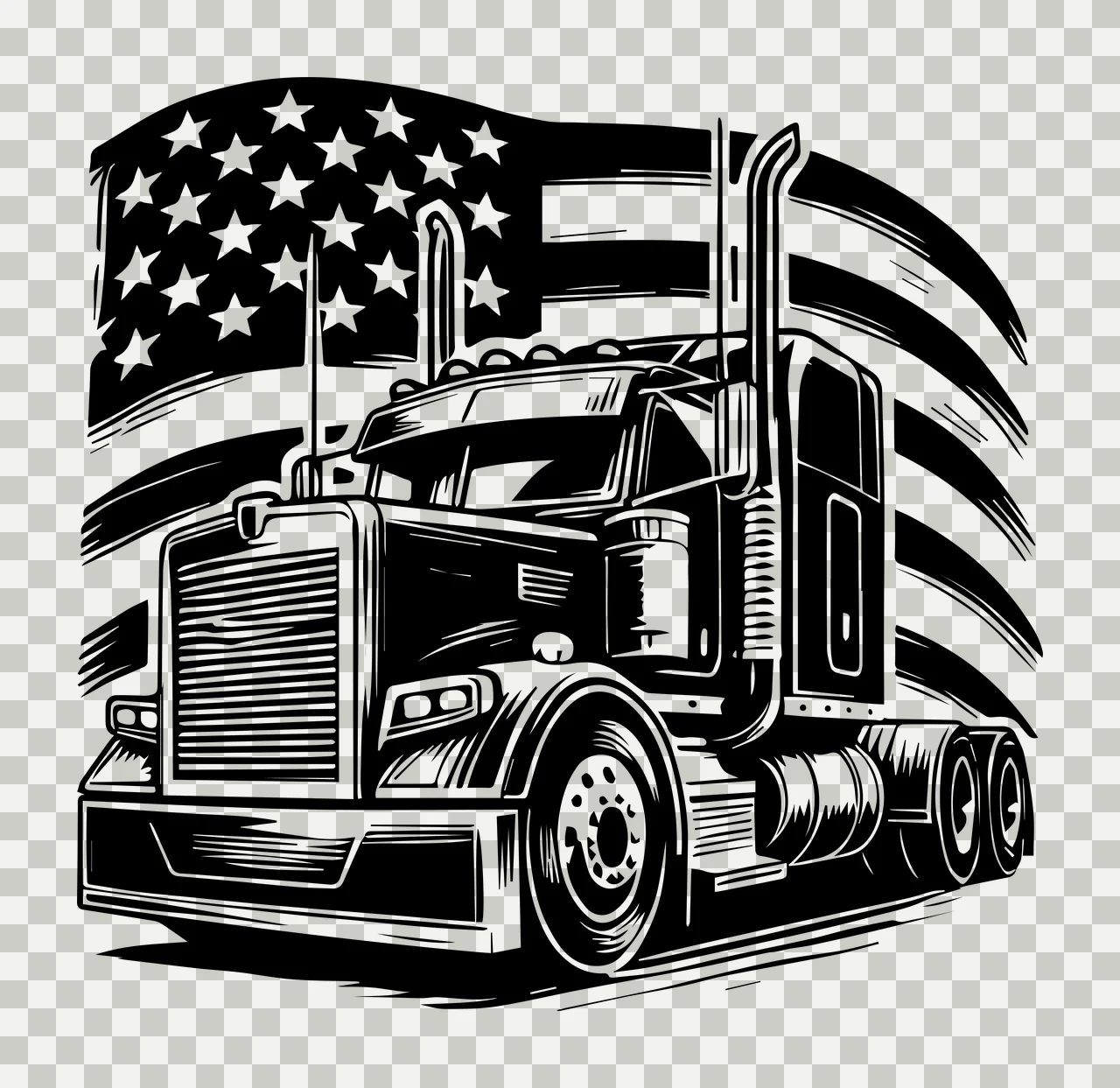 Truck Flag Silhouette With American Background black white transparency and detail preview thumbnail
