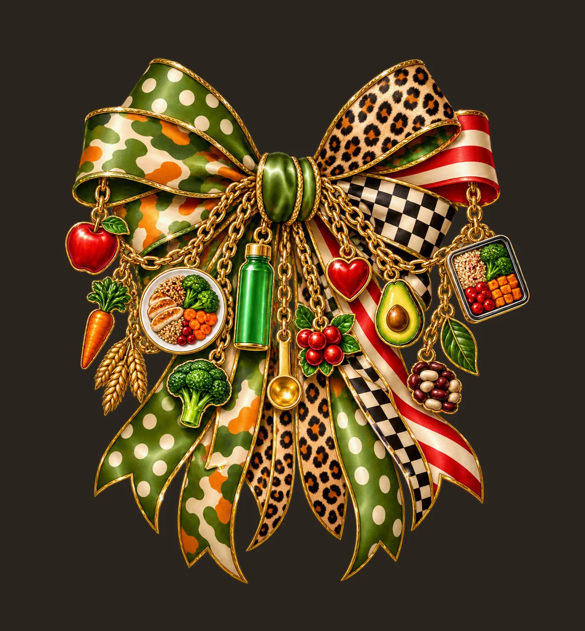 Nutrition Healthy Eating Bow Charm PNG, Themed Gold Chain Charms, Coquette Ribbon Sublimation Design, Transparent Digital Download contrast preview thumbnail