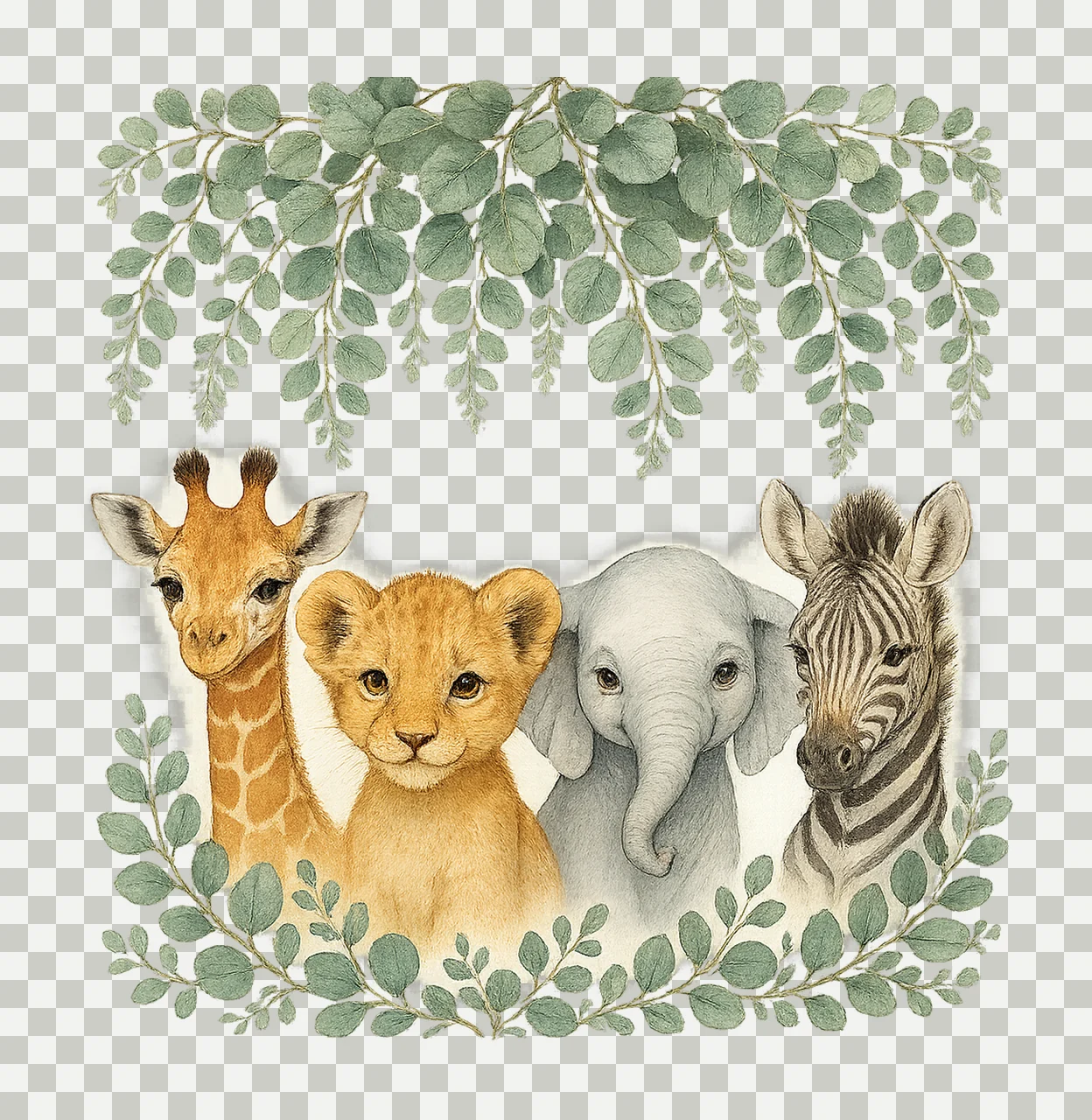 Baby Safari Animals Wreath Watercolor Jungle Design Wild One transparency and detail preview thumbnail