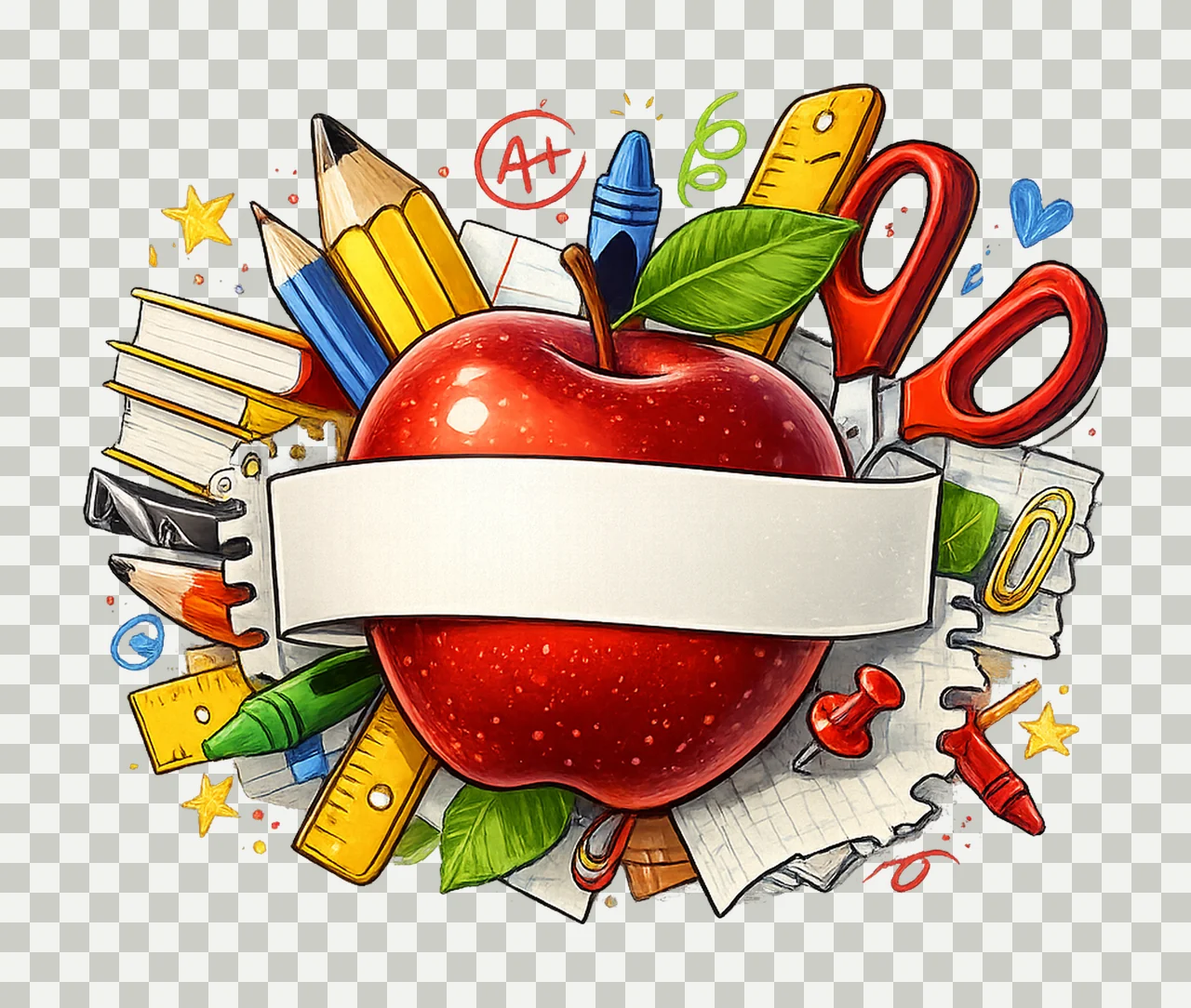 Apple School Supplies Composition With Banner red blank transparency and detail preview thumbnail