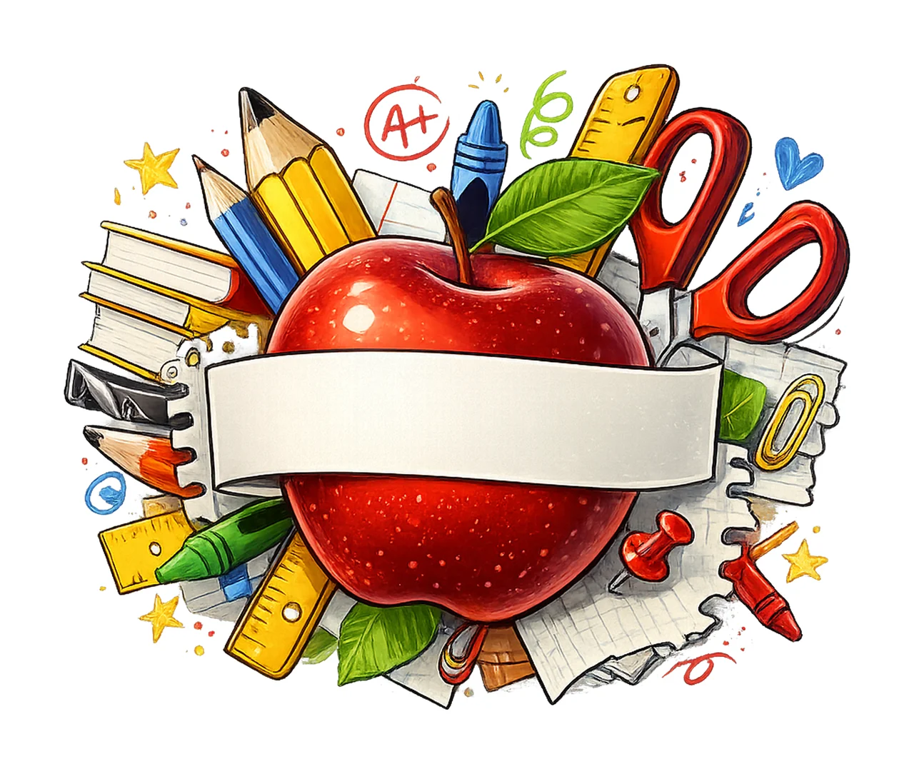 Apple School Supplies Composition With Banner red blank