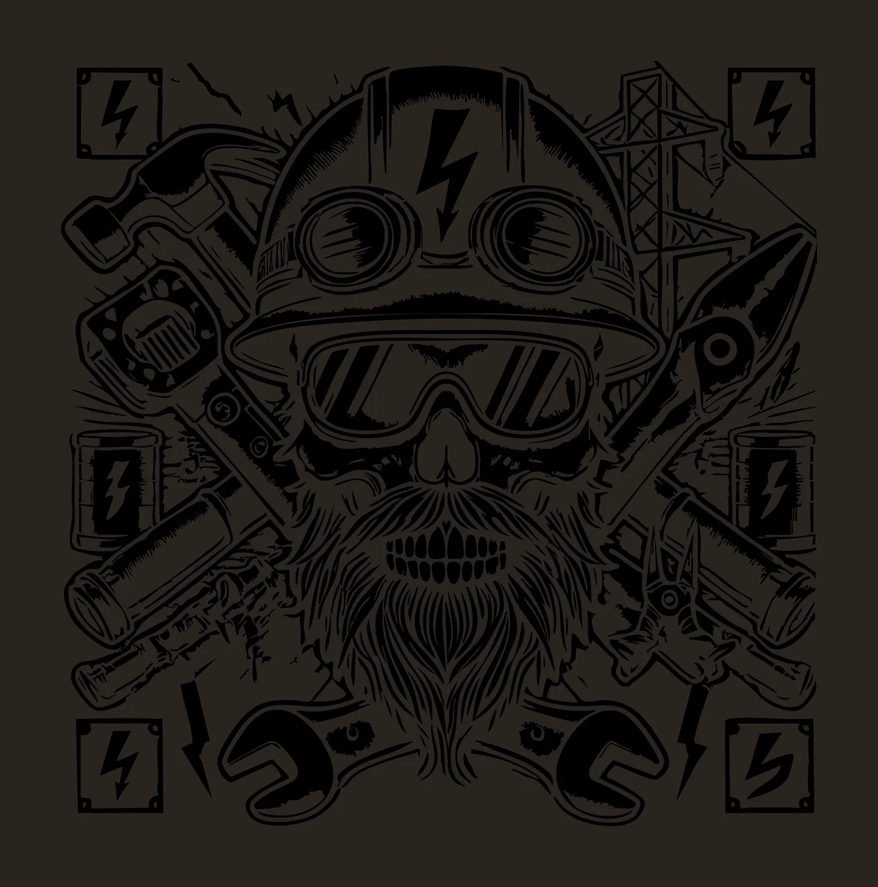 Skull In Hard Hat With Tools wearing headgear goggles wrench contrast preview thumbnail