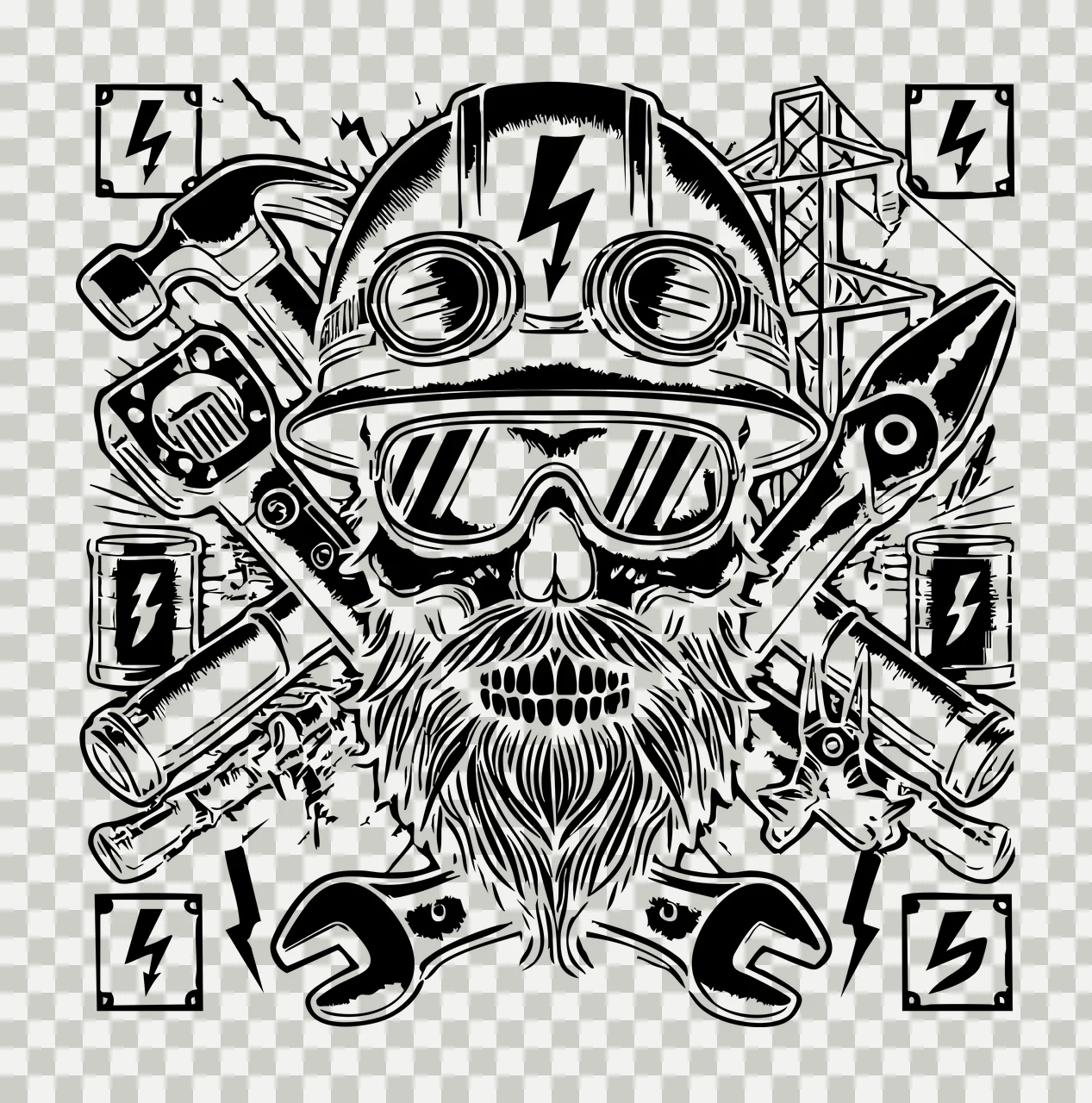 Skull In Hard Hat With Tools wearing headgear goggles wrench transparency and detail preview thumbnail