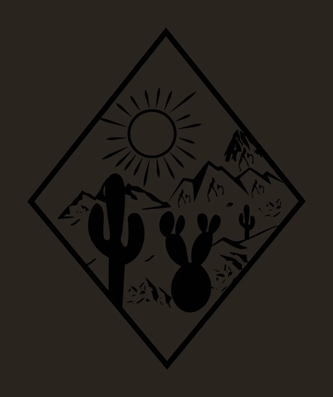 Line Art Illustration of Diamond-shaped black-and-white desert scene with sun with rays, tall saguaro cactus, barrel cactus and small cactus contrast preview thumbnail