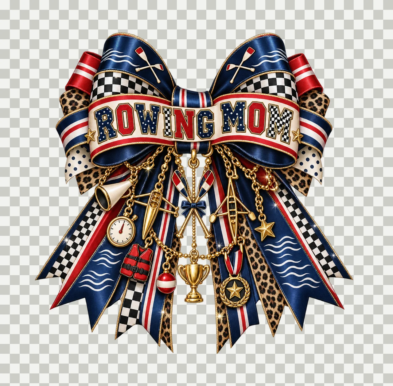 Rowing Mom Bow Charm PNG, Patterned Varsity Mom Ribbon Clipart, Transparent Sublimation Digital Download transparency and detail preview thumbnail