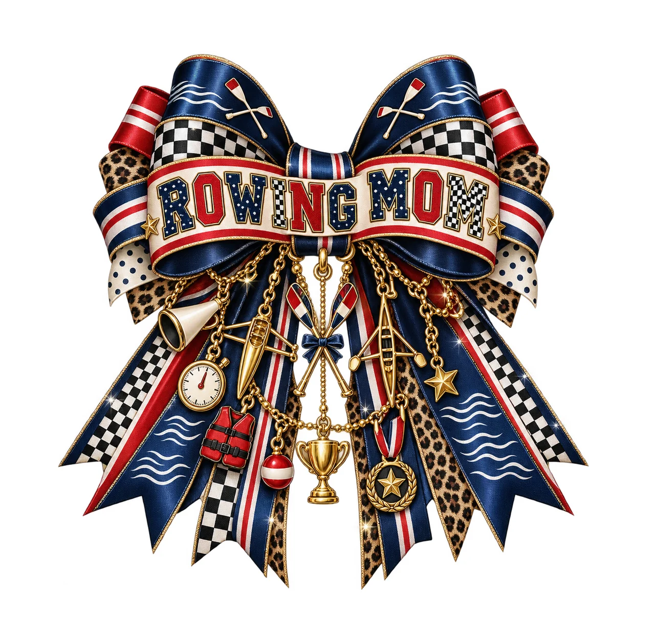 Rowing Mom Bow Charm PNG, Patterned Varsity Mom Ribbon Clipart, Transparent Sublimation Digital Download