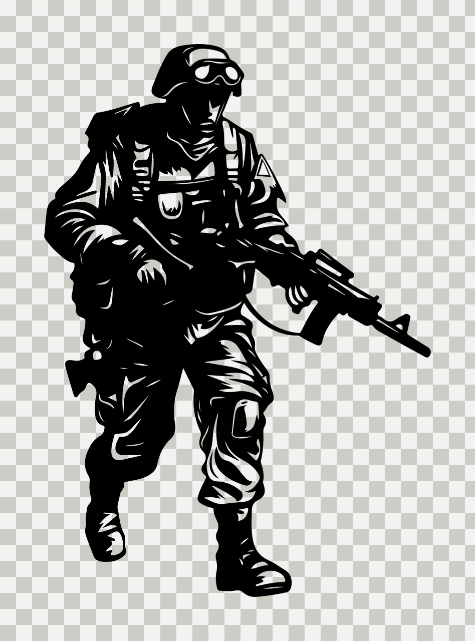 Soldier Carrying Rifle Silhouette walking helmet backpack black transparency and detail preview thumbnail
