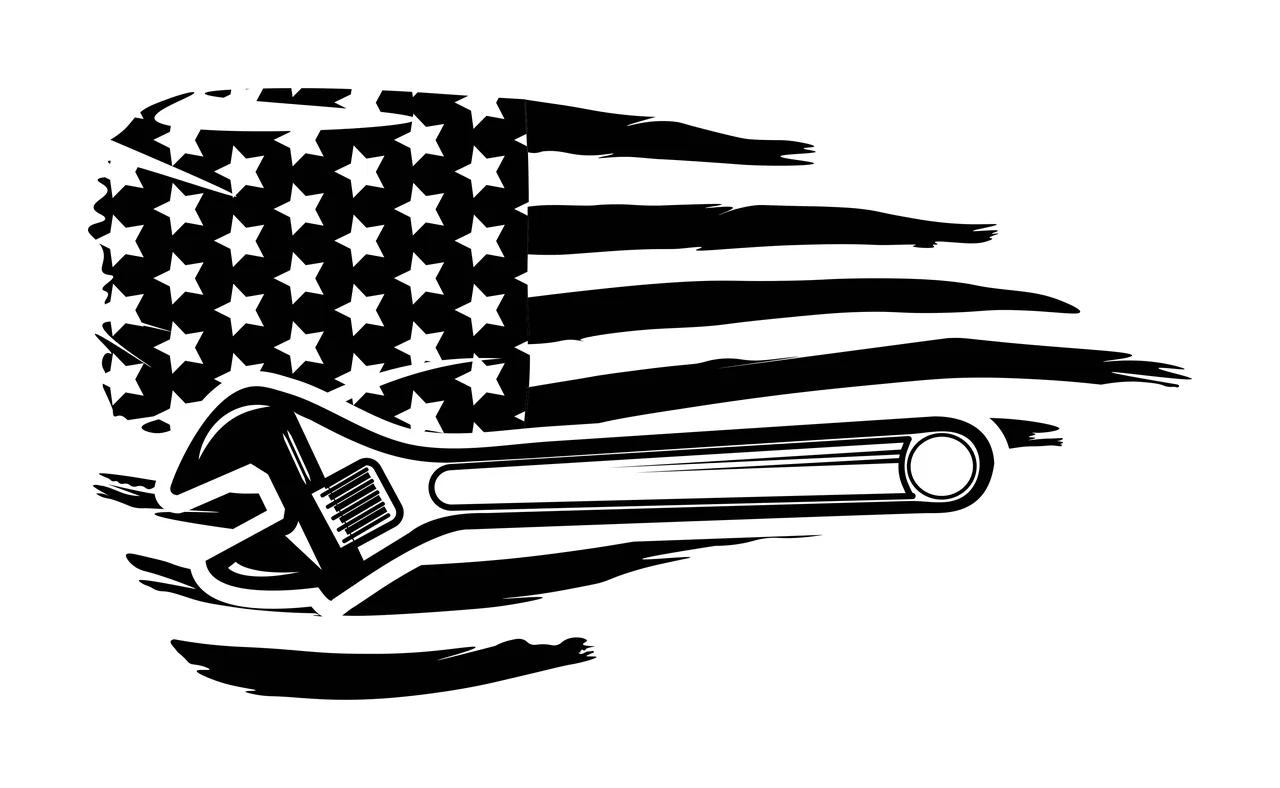 Adjustable Wrench Over Distressed Flag Graphic overlaying stencil